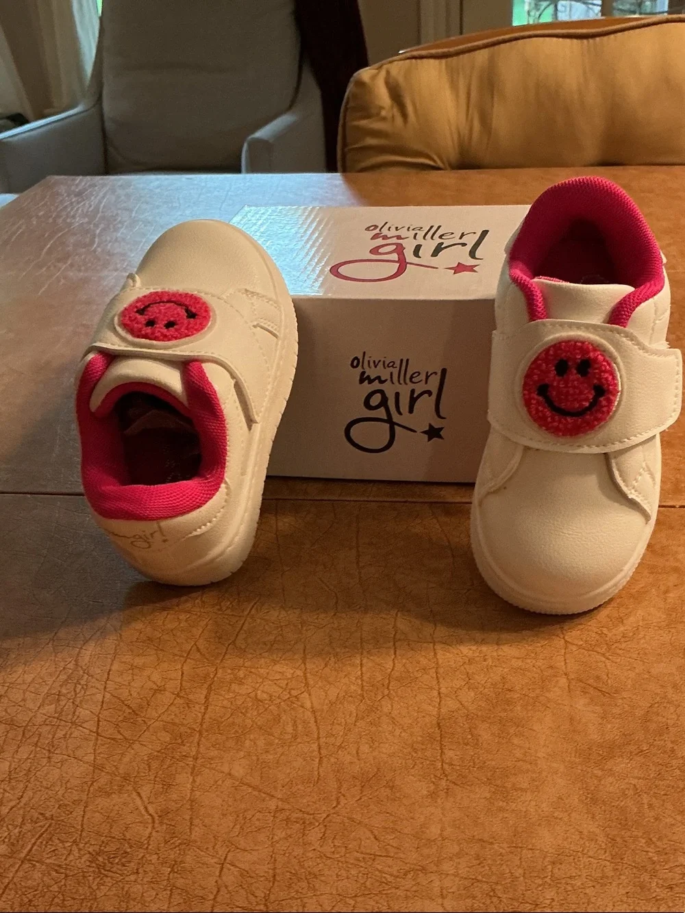 Olivia Miller White Sneakers with Hot Pink Smiley Accent